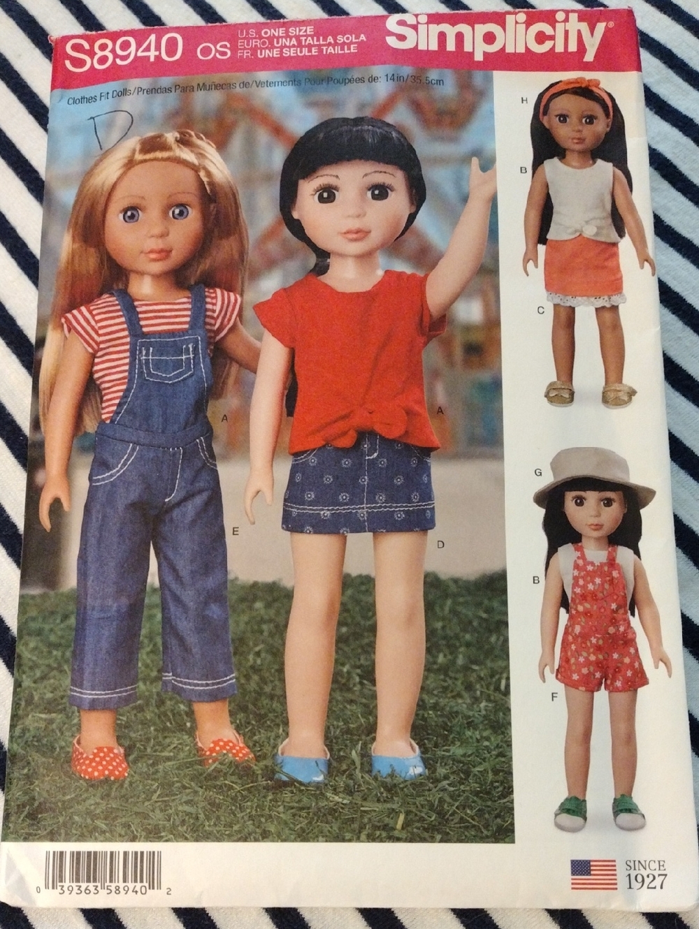 Simplicity Doll Pattern Overalls Top Skirt Tank Top Headband Hat Like New 14"